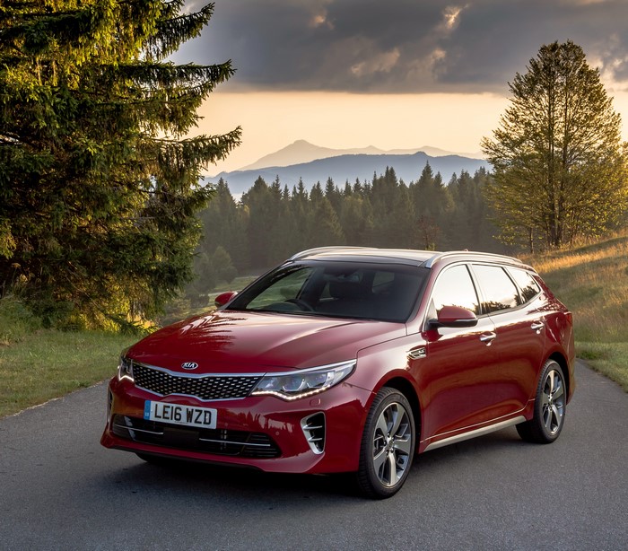 Red 2016 Kia Optima Sportswagon GT Line on a road