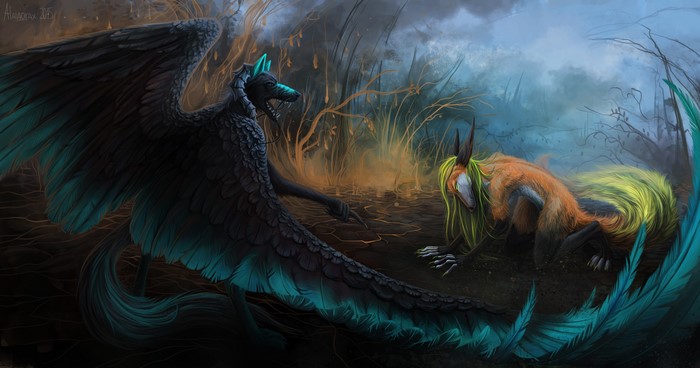 Winged creature and fox-like creature in a marsh