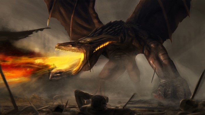 Dragon breathing fire on soldiers