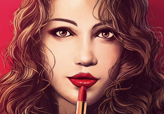 Woman applying red lipstick