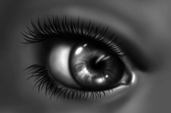 Close-up painting of a human eye with detailed eyelashes