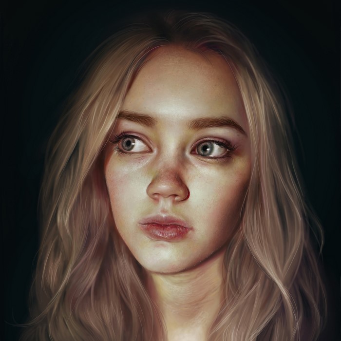 Painting of a young woman with blonde hair looking to the side