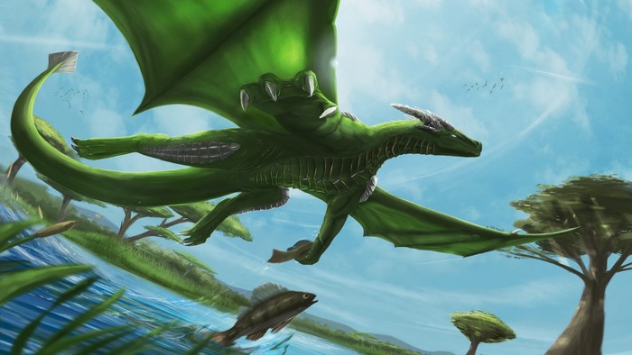 Green dragon flying over a river and savanna