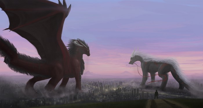 Two giant mythical creatures face each other over a city