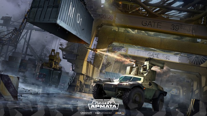 Armored Warfare vehicle firing missile in a port