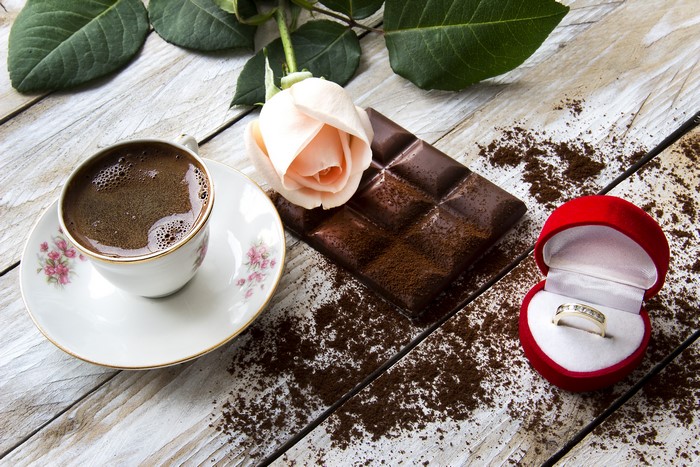 Coffee, Chocolate, Rose, and Engagement Ring Still Life