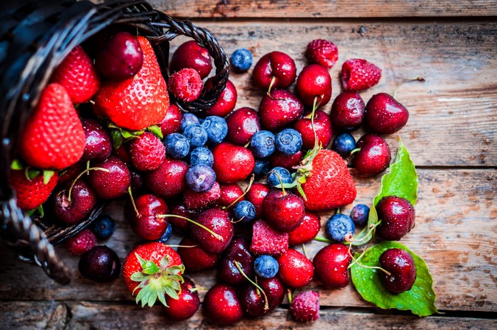Basket of Strawberries, Cherries, and Blueberries