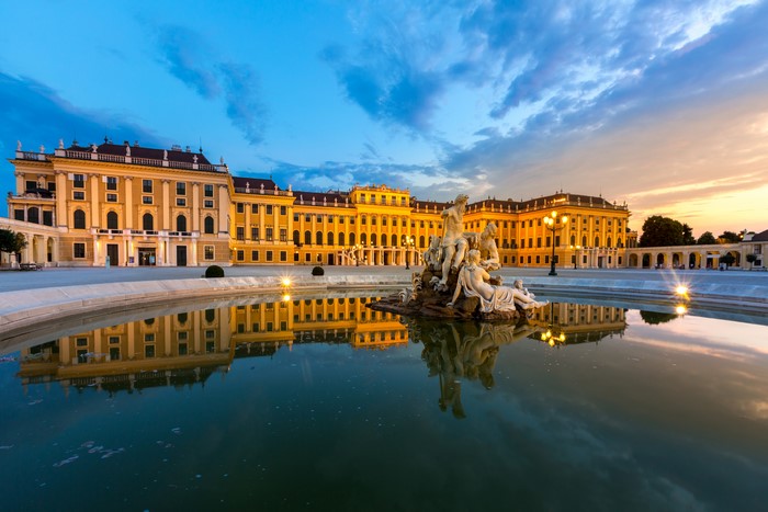 Schonbrunn Palace and Fountain at Dusk, Vienna