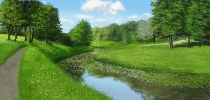 A winding river flows through a grassy landscape with trees