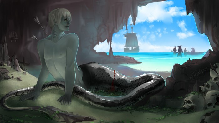 Merman with arrows in cave