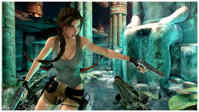 Lara Croft from Tomb Raider with pistols and crocodiles