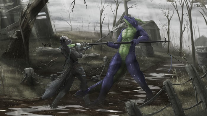 Two anthropomorphic warriors with spears in a desolate landscape
