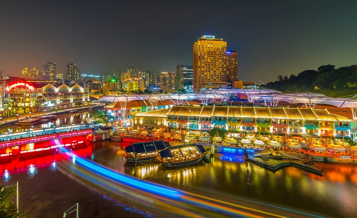Clarke Quay Singapore at Night with River and Buildings