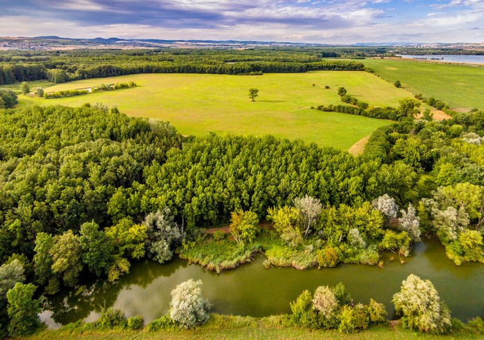 Aerial view of Uhersky Ostroh, Czech Republic with river and fields