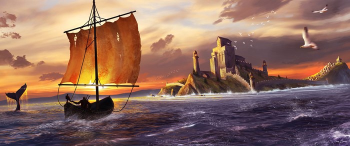 Sailing boat near a castle by the sea at sunset
