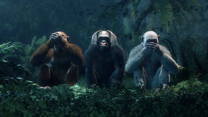 Three wise monkeys in a jungle setting