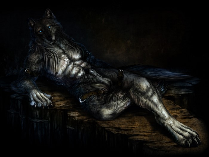 Werewolf with blue eyes on wooden planks