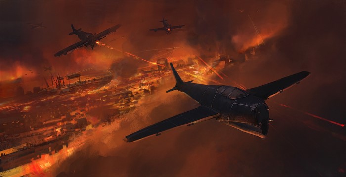 Fighter airplanes in a fiery aerial battle over a burning city