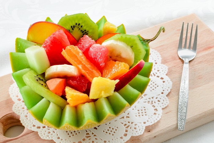 Fruit Salad in Melon Bowl with Fork