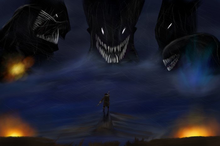 Warrior faces monstrous creatures in a dark, misty landscape