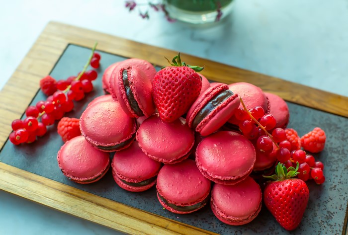 Pink Macarons with Strawberries and Currants