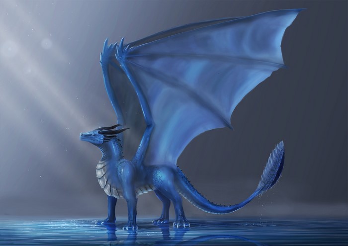 Blue Dragon with Large Wings Standing in Water
