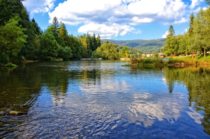 River flowing through a forest with mountains in the background