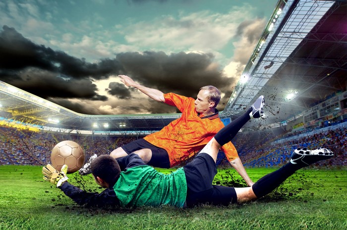 Soccer players in a stadium