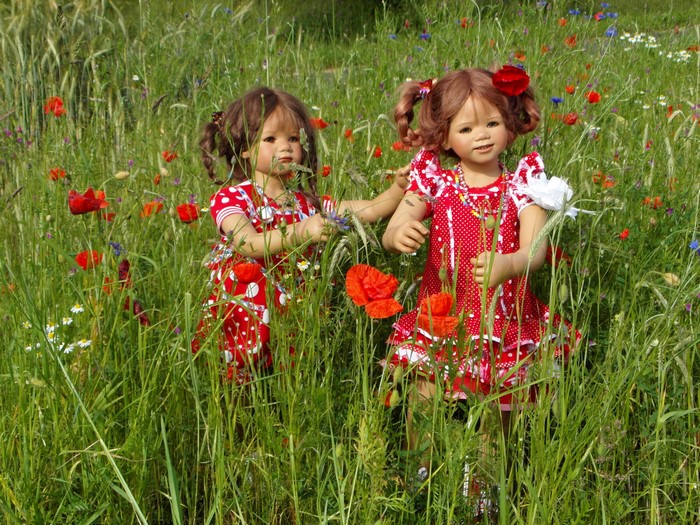 Two dolls in red dresses in a field of poppies