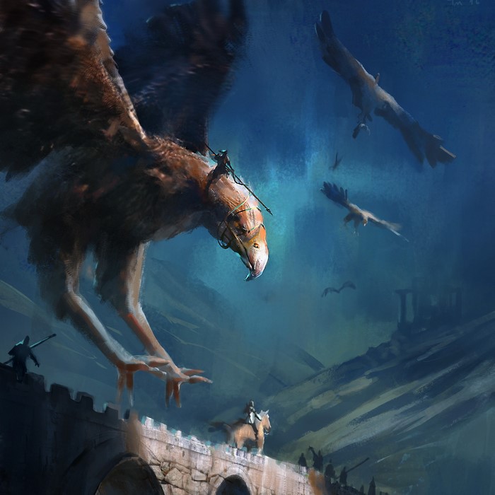 Warriors riding eagles over a bridge