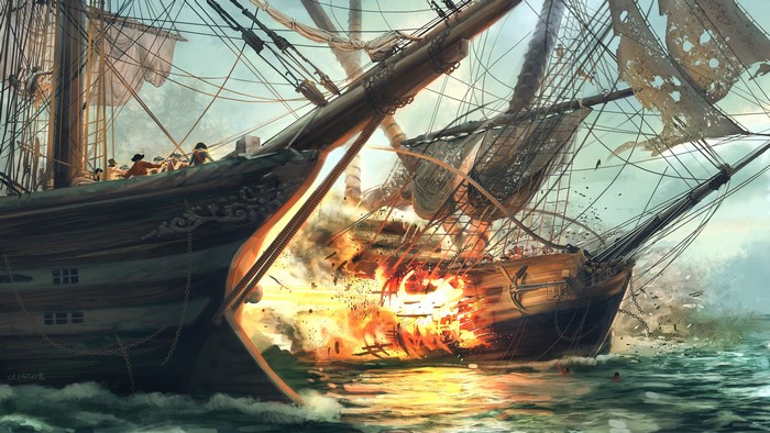 Ships engaged in naval battle with explosions and fire