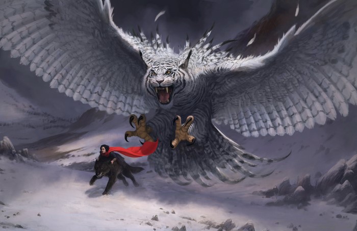 Girl and wolf fleeing from a winged tiger in snowy mountains