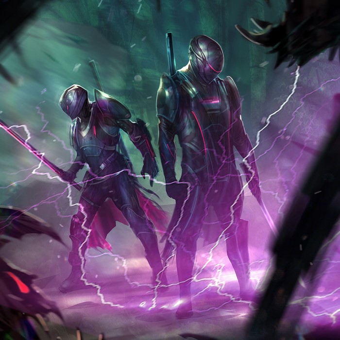 Two armored warriors with glowing weapons