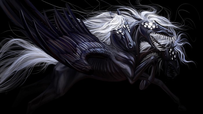 Dark winged monster horse with glowing eyes