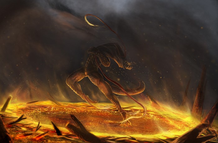 Supernatural being in a lava landscape