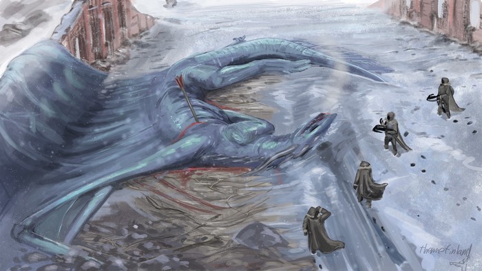 Dead Dragon with Arrow and Warriors in Snow