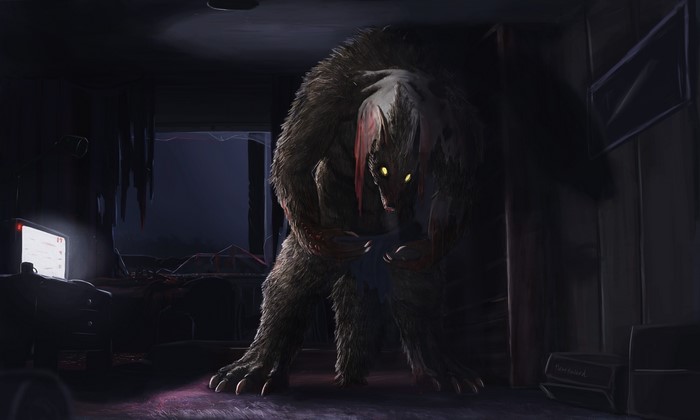 Monster in a dark room with a computer