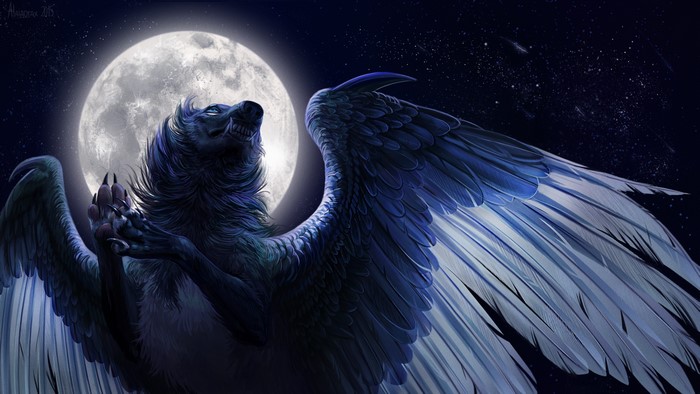 Winged wolf howling at the moon