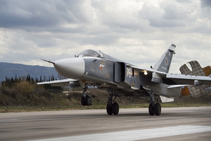 Russian Su-24 Fencer fighter jet landing