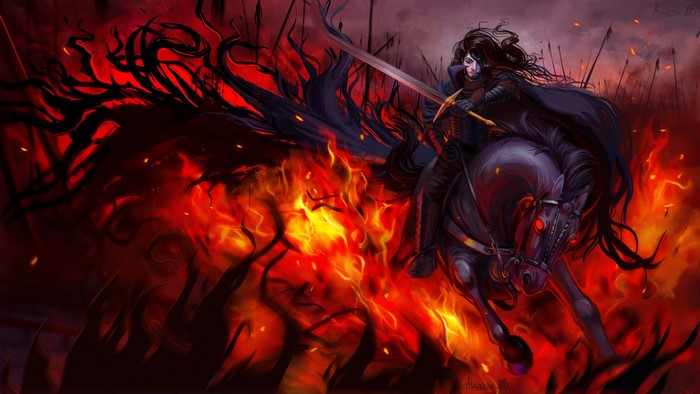 Warrior on horseback in a fiery battlefield