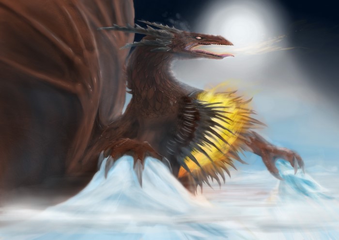 A dragon breathing fire on icy terrain