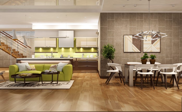 Modern living room and kitchen with dining area