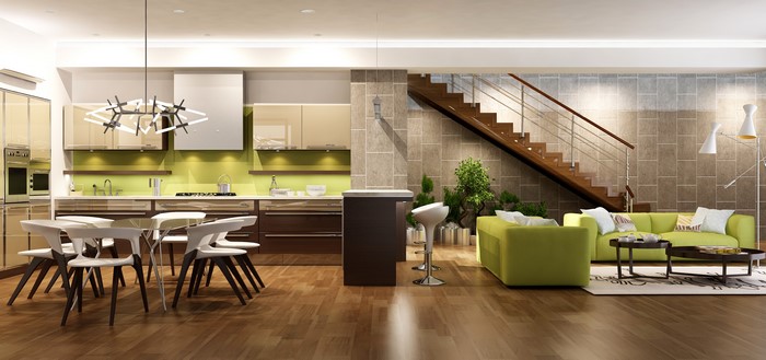 Modern open-plan living room and kitchen with dining area