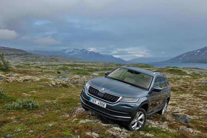 Skoda Kodiaq SUV in a rocky, mountainous landscape