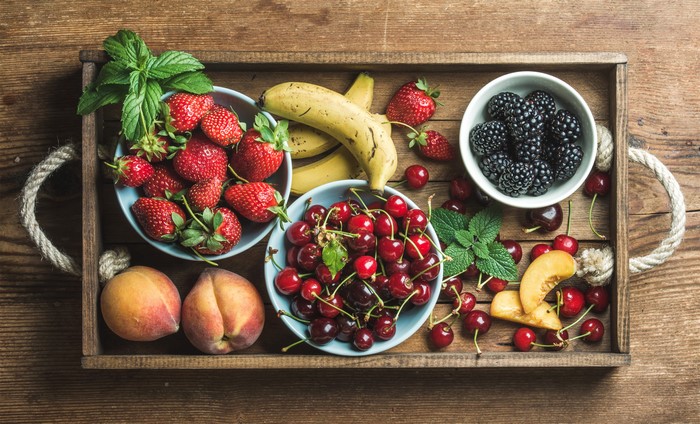 4K Fruit Platter with Strawberries, Cherries, Blackberries, Bananas, and Peaches