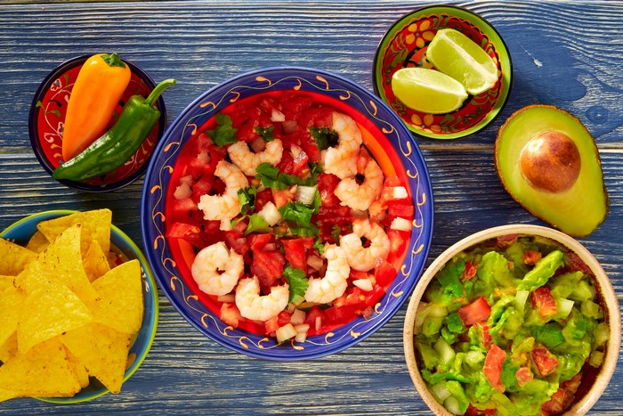 Shrimp Salad with Chips, Avocado, Peppers, and Limes