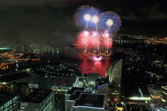 Yokohama Fireworks Display at Night from Above