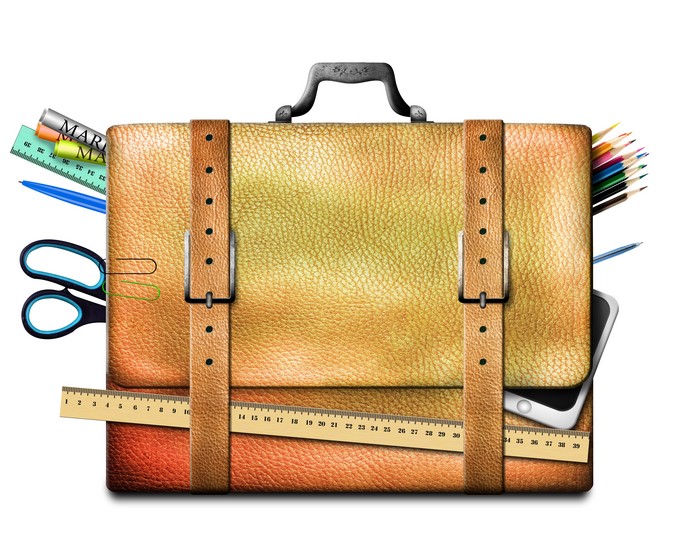 Leather briefcase with school supplies