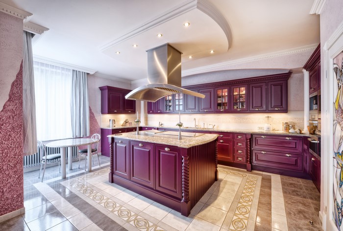 Luxury Kitchen Interior Design with Purple Cabinets and Island