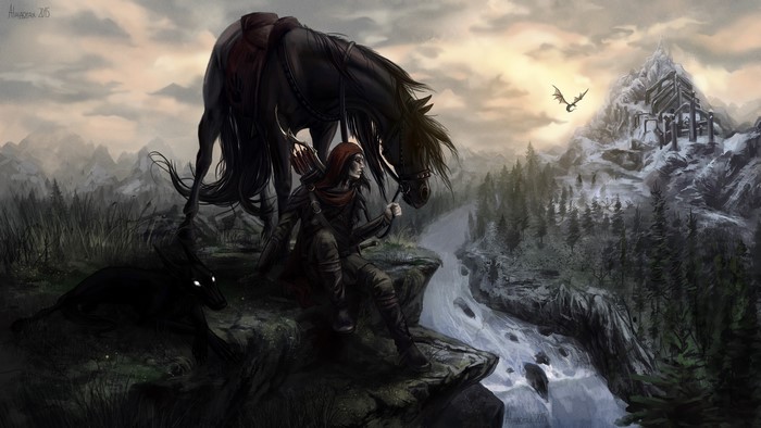 Archer with horse and wolf in Skyrim landscape